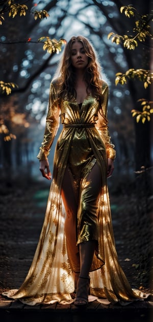 create a photo realistic women iin woods with transparent golden glowing dress. Women is surrounded by golden light,  Blonde long hair, age 28, european, astonishing face, beautiful green eyes, cute nose, she is full back and face to the viewer, long curly hair , hourglass body,golden light  lighting her from front, background of forest in autum evening.photo taken from crouched position.