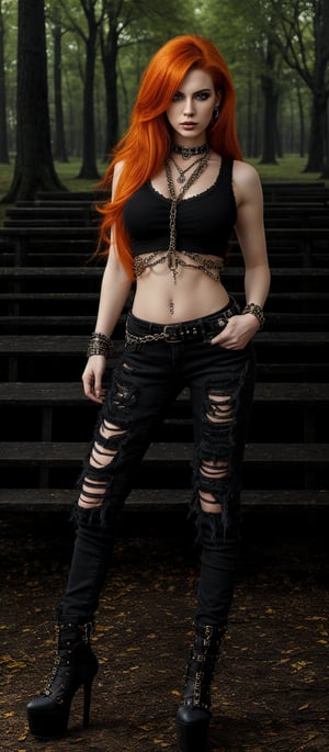 Generate hyper realistic image of a woman with long, vibrant orange hair that cascades down her back in waves. The striking color contrasts with her outfit, making her hair a focal point. Her eyes are accentuated with dark, dramatic makeup. She is dressed in a gothic-punk style. She wears a sleeveless black top adorned with chains and metal details. Paired with this, she has on black ripped skinny jeans. She is wearing high-heeled shoes with a unique design, featuring studs and straps. Her expression is contemplative and slightly fierce. The background is a wooded area with tall trees and wooden benches..