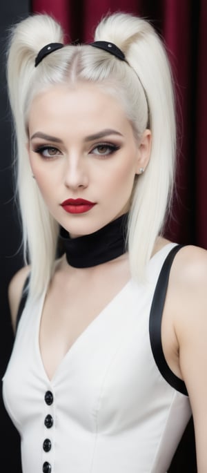 Generate hyper realistic image of a woman with long, platinum blonde hair styled in high twin tails. The hair is sleek and straight. Her makeup is bold, with dark, defined eyes and red lipstick. She is wearing a striking asymmetrical dress that combines black, white, and red. The dress is form-fitting and has a half-black, half-red design. It features a V-neckline and a fitted bodice, with a flared, short skirt. The dress is embellished with buttons down the front and black harness-like straps. She is wearing a choker with a long, cross-like pendant. 