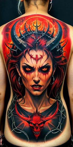 Generate hyper realistic tattoo on a man's back with a demonic woman with distinct features. She has two large, curved horns protruding from her head, which are textured and detailed. Her expression is one of defiance and seductness. She has red glowing eyes closed, her mouth open, and her tongue sticking out, revealing sharp, fang-like teeth. There is a symbol of pentagram on her forehead, adding to the demonic appearance. Surrounding her head is a circular, barbed wire-like crown of thorns. This crown adds a gothic undertone. 