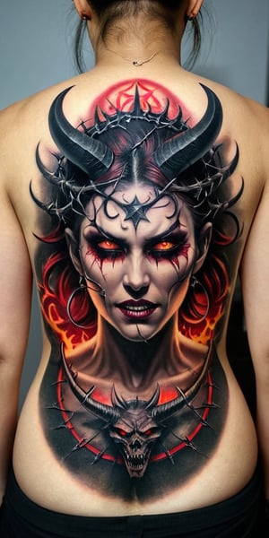 Generate hyper realistic tattoo on a man's back with a demonic woman with distinct features. She has two large, curved horns protruding from her head, which are textured and detailed. Her expression is one of defiance and aggression. She has red glowing eyes closed, her mouth open, and her tongue sticking out, revealing sharp, fang-like teeth. There is a symbol of pentagram on her forehead, adding to the demonic appearance. Surrounding her head is a circular, barbed wire-like crown of thorns. This crown adds a gothic undertone. 