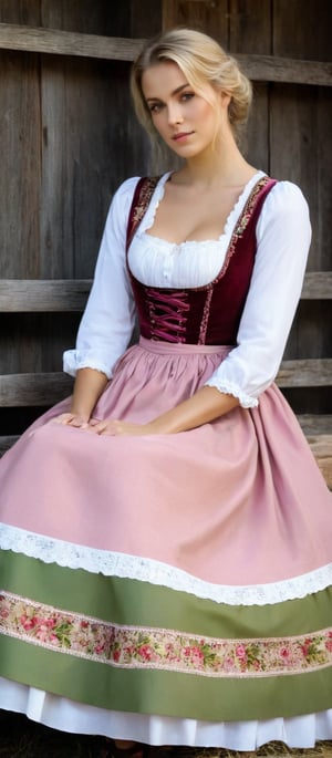 Generate hyper realistic image of a young woman sitting in a rustic, rural setting, a barn area. She is wearing a traditional dirndl dress. The dress is characterized by its tight-fitting bodice, a full skirt. The bodice is pink with a delicate floral pattern. It has lace-up detailing at the front, secured with silver eyelets. The neckline is low and square with white lace trim. The woman has a slim, toned physique. The dirndl dress highlights her hourglass figure, with the bodice cinching at the waist and the skirt flaring out slightly. Her hair is long, straight, and blonde, flowing over her shoulders.