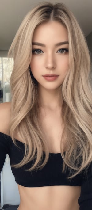 Generate hyper realistic image of a woman with long, blonde hair that falls in smooth waves past her shoulders. Her hair is parted in the middle, framing her face nicely. She has a natural and confident expression, with a slight smile. Her features are well-defined, and her makeup is subtle, enhancing her natural beauty. She is wearing a white off-the-shoulder crop top with intricate lace detailing. The top is fitted and laced up in the front, accentuating her figure. The sleeves are puffy and cinched at the elbows with ties and a white bikini bottom that matches the top. The bikini bottom is minimalistic in design, featuring a small gold emblem on one side. 