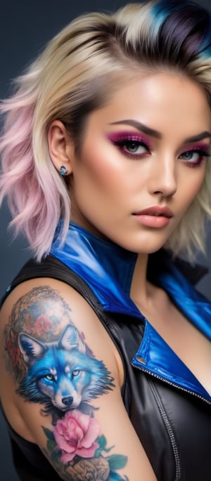 Generate hyper realistic image of a woman lying down, gazing directly at the viewer with a soft, yet piercing expression. This pose, combined with her direct gaze, creates an intimate and engaging atmosphere. She is dressed in a shiny, blue jacket that has slipped off one shoulder, revealing a black sports bra underneath. she has has vibrant and intricate unique foxtattoos covering her back and  wolf on one arm. The tattoos feature a mix of colorful and detailed designs. Her hair is short, blonde, and slicked back. Her makeup is subtle yet striking, with a focus on her eyes, which are accentuated by pink eyeshadow and long lashes. The lighting is bright and soft, highlighting her features and the details of her tattoos and attire.