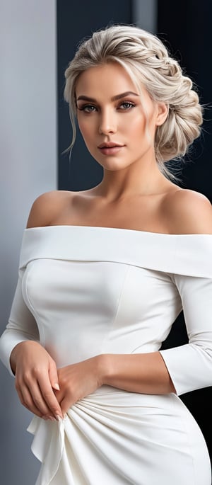 Generate hyper realistic image of a woman depicted in a sophisticated and elegant manner. She has long, silver-blonde hair styled in a loose braid that falls over her shoulder, with a few strands framing her face. Tan complexion with large, expressive grey eyes, a confident expression, and soft, natural makeup. She is wearing a form-fitting, off-the-shoulder white dress with three-quarter sleeves. The dress accentuates her figure, giving her a glamorous and refined look. 