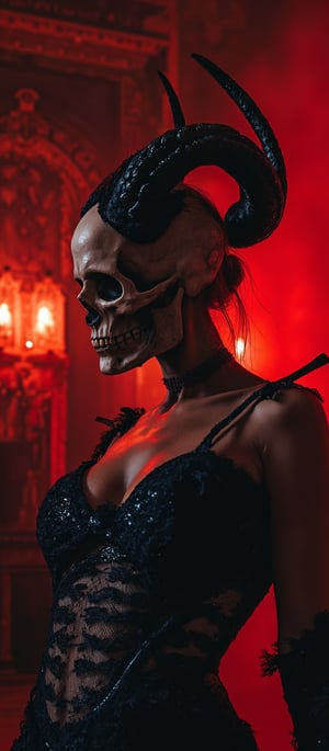 Generate hyper realistic image of a female with dark, curvy and sinister figure, blending elements of horror and gothic fantasy. The woman's head is largely skeletal, with a detailed and prominent skull serving as a mask. On top of the skull, there are massive, twisted horns. These horns are black and jagged, curving upward. The woman's body is partly exposed, but draped in intricate black lace and armor-like adornments. Bone-like details are incorporated into the armor around the chest, further emphasizing death and decay. The image is bathed in dark red light, giving it a hellish atmosphere. The red glow emanates from behind and around the character, creating dramatic shadows and highlighting the figure’s skeletal features. The background is dimly lit and blurred  a gothic temple.