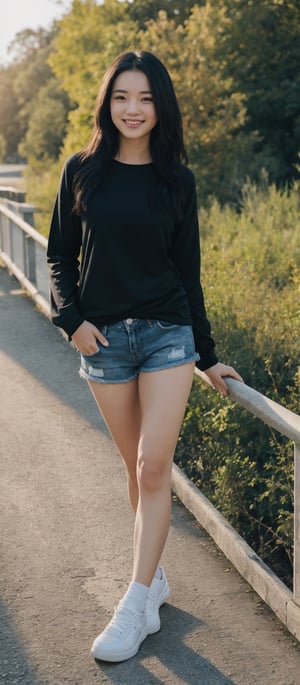 Generate hyper realistic image of a woman with long black hair, standing on a bridge. She wears a black shirt with long sleeves, paired with tight denim shorts and white sneakers. With a smile, she looks directly at the viewer, her hands resting on the bridge railing as if posing for a photo. The sunlight casts a warm glow, adding to the relaxed atmosphere of the moment.