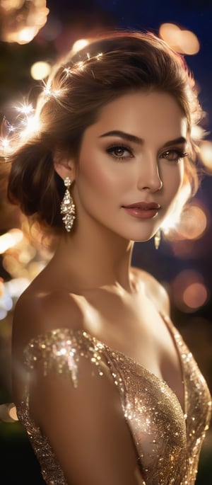 Generate hyper realistic image of a woman standing outdoors, her flowing brown hair cascading down her back, and she is facing the viewer with a smile on her lips. She has large breasts, pale skin, and a slim waist, and is dressed in a golden dress. Her hair is adorned with a beautiful ornament, and she holds a sparkler in one hand, with fireworks lighting up the night sky. Her brown eyes and earrings add to her elegance, while the background remains blurry to keep the solo focus on her.