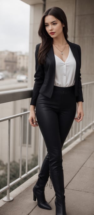 Generate hyper realistic image of a mesmerizing woman, adorned with a delicate necklace, stands gracefully in a sleek black jacket, pants, and boots ensemble. Her long hair pulled back into a chic ponytail, she exudes an air of mystery and allure. With a subtle smirk playing on her red lips, she leans against a railing.