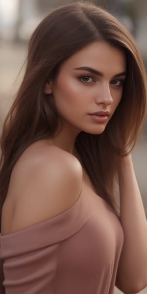 Generate hyper realistic image of a beautiful woman with long, brown hair cascading down her shoulders. Her gaze meets the viewer's eyes as she poses outdoors, wearing open, off-shoulder clothes that complement her dark skin. The realistic depiction captures the essence of her beauty, highlighting her lips and upper body against a background reminiscent of a captivating photo.