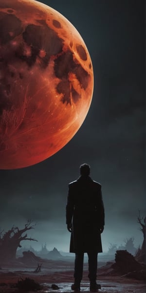 Generate hyper realistic image of a sinister scene where a blood-red moon hangs low in the sky, casting an eerie glow over a desolate landscape. Shadows morph into menacing figures, and a malevolent force lurks in the ominous darkness.