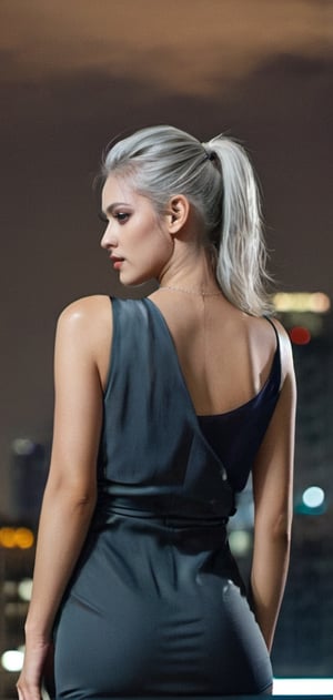 Create a stunning women, looking at viewer,, long hair, white hair, pretty face, ponytail, seductive, cityscape, at night, on top of a skyscraper, short dress, tight shiny skin, cold colors, back view,photo r3al,detailmaster2