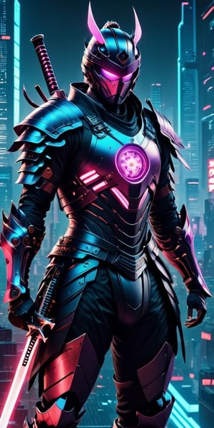 Generate hyper realistic image of a futuristic samurai adorned in sleek cybernetic armor, wielding a plasma katana with neon-illuminated edges, standing against a backdrop of technologically advanced cityscape, seamlessly blending traditional warrior aesthetics with cutting-edge technology.photography style,Extremely Realistic, ,3dmdt1,rmspdvrs