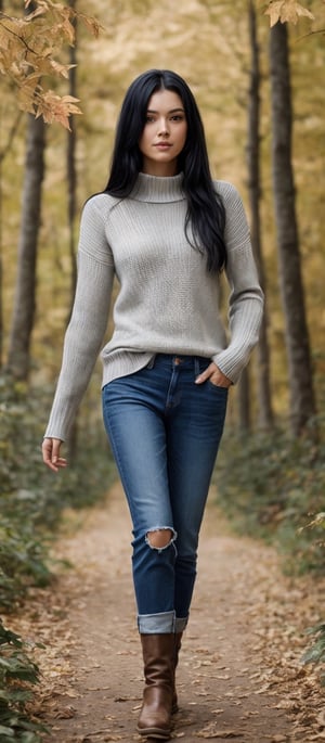 Generate hyper realistic image of a woman with long, black hair styled elegantly, wearing a sweater and denim jeans while standing amidst the beauty of autumn foliage. With long sleeves and brown boots, she exudes a sense of serenity as she walks through the outdoor scenery, surrounded by trees and leaves.