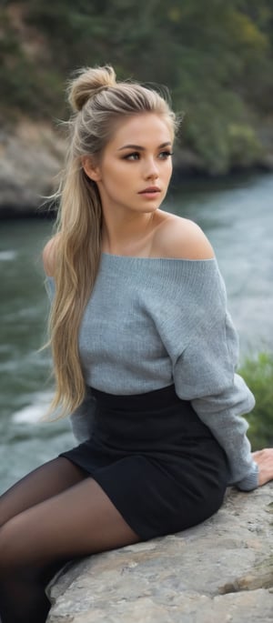 Generate hyper realistic image of a woman seating on a stone ledge by a tranquil riverside. She has long, blonde hair styled in a high ponytail that cascades down her back. The hair is slightly tousled. Her eyes are a captivating shade of amber. She wears a loose, off-the-shoulder black sweater that hangs slightly off her right shoulder. The sweater is ribbed. She has black thigh-high stockings that contrast with her fair skin. 