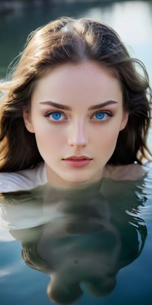 Generate hyper realistic image of a captivating model with a unique face shape and captivating blue eyes, her waist-up framed against a backdrop of a serene lakeside, the tranquil water reflecting the serenity and depth within her.