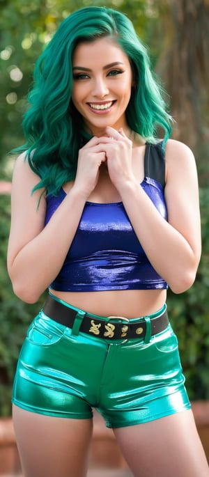 Generate hyper realistic image of a woman with long, vibrant green hair that cascades down her back in loose, voluminous waves. The hair is shiny and thick. She has a radiant smile, showcasing her teeth and dimples. She is wearing a green crop top with the word "Decyfer30" written across it in stylized letters. The top is fitted, showing off her toned midriff and matching green shorts that are high-waisted and slightly distressed at the hems. The shorts have a metallic sheen and are adorned with gold buttons and a belt. the woman is standing with her hands raised to her cheeks, using her fingers to gently pull her cheeks back, enhancing her smile. Outdoors setting.