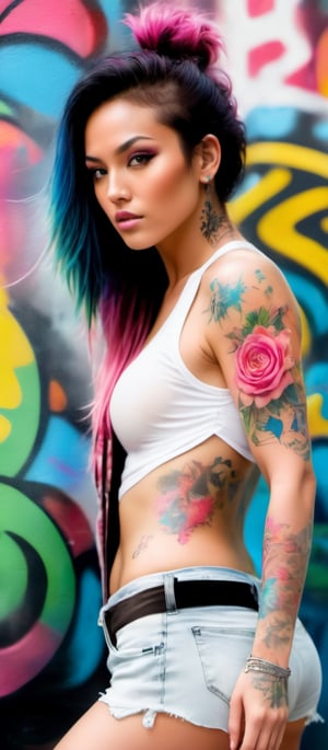 Generate hyper realistic image of a striking, colorful character with a vibrant and edgy aesthetic. She is wearing a sleeveless, semi-transparent white tank top that is wet and clings to her body, revealing a tattoo on her chest. The top has graffiti-like designs in various colors. She is also wearing black shorts with vibrant pink and blue patterns. Her body is adorned with several tattoos, including a large rose with torns on her chest, colorful graffiti-like patterns on her arms and legs, and smaller designs on her shoulders and hands.