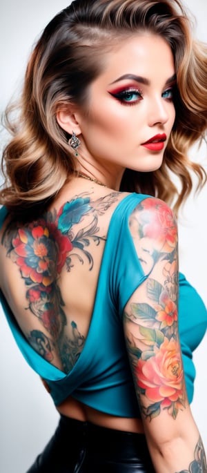 Generate hyper realistic image of a woman posing in an eye-catching outfit with a prominent tattoo. The woman has long, light brown hair styled in loose waves, cascading down her back and over her shoulders. Her makeup is striking, with a focus on her eyes, which enhanced with bold eyeliner. Her lips are painted red. She is looking over her shoulder directly at the camera. The woman has an elaborate tattoo covering her right arm and extending onto her back. The tattoo features includes floral and mythical elements, with vibrant colors such as teal and shades of red and brown. She is wearing a black, shiny, leather-like top that is cropped, exposing her midriff. The top has long sleeves. 