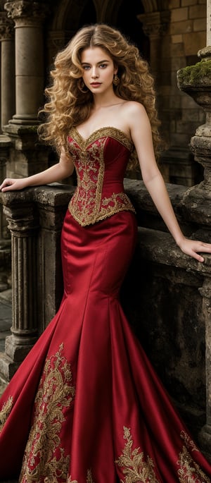 Generate hyper realistic image of a woman with voluminous, wavy hair with a slightly wild. Her hair is a rich, golden blonde color. She is dressed in an ornate, strapless red gown with intricate gold embroidery. The bodice is form-fitting and accentuates her figure, while the skirt is voluminous and has a luxurious, flowing quality.  She is leaning against an ancient stone structure. The background features an ancient, weathered stone structure that evokes the setting of a historical castle or ruins.