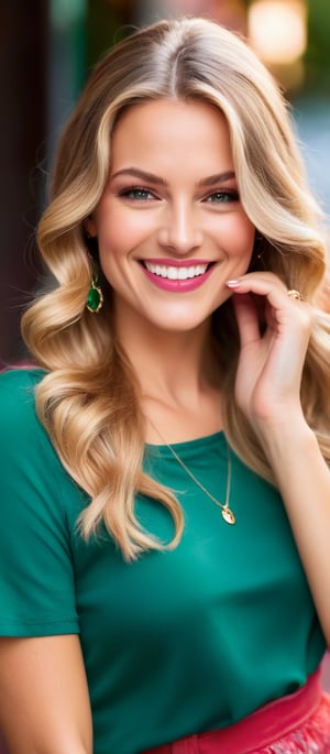 Generate hyper realistic image of a woman with long blonde hair, looking at the viewer with a smile and green eyes. She has one eye closed, wearing a shirt with frills, and a necklace. Her fingernails are painted red, and her lips are also red. She has detailed facial features, clear skin, and dimples that highlight her bright smile. Her eyelashes are prominent, and she has light brown hair strands mixed with the blonde. The background is blurry, making her the focal point. She has her hands on her face, showcasing pink nails, and her forehead is visible.