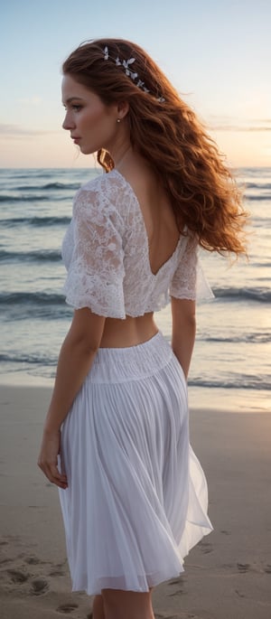 Generate hyper realistic image of a  woman with long, wavy red hair cascading down her back, adorned with a delicate hair ornament. She stands gracefully on the shore, her full body dressed in a flowing white skirt and a crop top with see-through sleeves, her gaze fixed on the viewer with confidence. The sunset paints the sky with hues of orange and pink as the gentle waves of the ocean lap against the sand. A flower tucked behind her ear adds a touch of natural beauty, while her curly hair dances in the salty breeze.