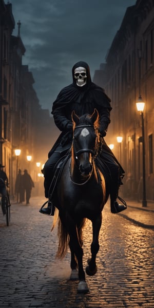 create a hyper realistic image of Death rider on horse riding in old city, skull face , wearing black cloack , flaming body , zombified horse, dark mood, pitch black night , illuminited by old street lamps.,.highly detailed . high_resolution, highly detailed, sharp focus.8k,
