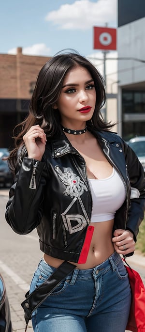Generate hyper realistic image of a woman standing in an open road setting, looking off into the distance with a determined and confident expression. She is wearing a black leather cropped jacket with intricate designs and a colorful, detailed crop top underneath. The crop top features a vibrant, artistic pattern, adding a pop of color to the dark jacket. he is wearing distressed jeans with red patches and studded details. The patches and studs give the jeans a customized, punk-inspired appearance. Her hair is blonde, voluminous, and styled in loose waves, giving her a fierce and slightly wind-swept look. She has dark, dramatic makeup with bold lipstick. She is wearing a choker with a detailed design.