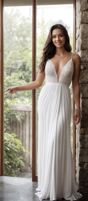 Generate hyper realistic image of a woman, standing solo with long, flowing brown hair cascading over her shoulders. Her alluring smile draws the viewer in as she gazes confidently into the camera. Adorned in an elegant white dress that accentuates her curves, she stands tall indoors, her full body radiating grace and poise. Through the window behind her, the sunlight gently illuminates her dark skin, creating a mesmerizing see-through effect. Completing her ensemble are delicate sandals,