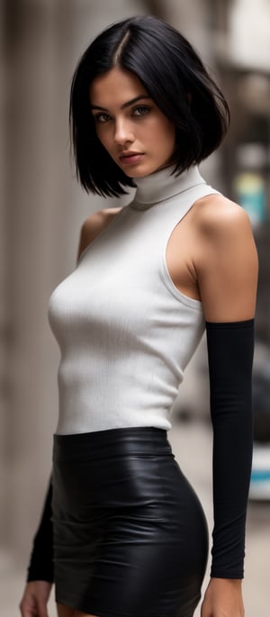 Generate hyper realistic image of a woman with short black hair and bare shoulders, standing confidently in a sleek skirt and sleeveless turtleneck, her parted lips hinting at a hidden allure, as she gazes directly at the viewer with an enigmatic allure, her black elbow gloves adding a touch of elegance to the cowboy shot composition against a subtly blurry background.