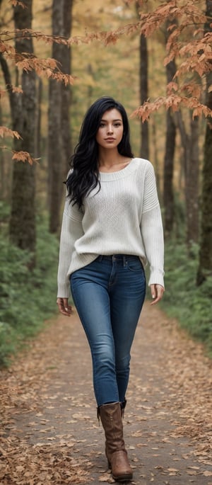 Generate hyper realistic image of a woman with long, black hair styled elegantly, wearing a sweater and denim jeans while standing amidst the beauty of autumn foliage. With long sleeves and brown boots, she exudes a sense of serenity as she walks through the outdoor scenery, surrounded by trees and leaves.