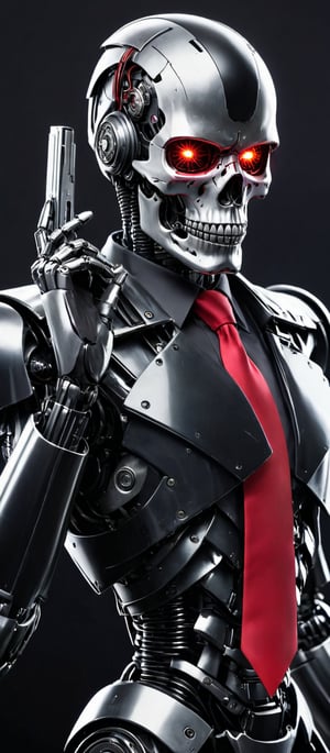 Generate hyper realistic image of a medium-angle shot of a Skull robot, dressed in a sleek black suit with a bold red tie and a gleaming silver helmet. The robot's face has black eyes and a silver headband, and it's wearing black gloves. Its right arm is raised while its left arm is bent, gripping a black gun. The stark black background contrasts sharply with the outfit.,skll