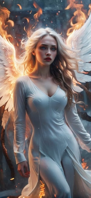  create a beautiful female angel falling down from the heaven. sad expression,fire wings, wings wide open, snow white long hair, messy hair, wings made out of fire , hopeful expression,blue eyes, red lips, realistic, photo r3al,more detail XL,IMGFIX,AngelicStyle,fire element