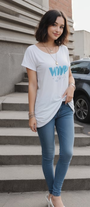 Generate hyper realistic image of a woman standing confidently on a set of stairs, looking directly at the viewer with a friendly smile. She has blonde hair and is wearing a short-sleeved gray t-shirt with "womp womp" written in white on the front. Her hair is dyed a vibrant light green, cut short to frame her face. She accessorizes with a simple black necklace around her neck. The woman is wearing blue jeans that have been fashionably cut off at the bottom, paired with eye-catching blue high-heeled boots.