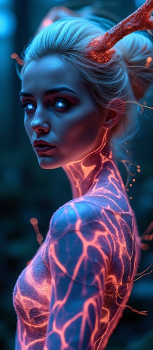 Generate hyper realistic image of a bioluminescent woman with a fantastical and alien appearance. The woman has an intense, otherworldly gaze. Her eyes are glowing bright blue, illuminated from within, and are strikingly detailed. Her skin appears smooth but with a slight metallic sheen. Her expression is serene, yet powerful. Her hair is white or silver, styled in an elegant updo. Thin, glowing wires intertwine with her hair. She wears a striking headpiece that looks like antlers, made of a bio-mechanical material. The headpiece glows with hues of pink, red, and purple, with delicate strands of glowing wires emanating from it. Her body is covered in an intricate web of bioluminescent lines and patterns that resembl veins glowing in various colors. Her outfit merges seamlessly with her skin, as if it is growing out of her body. It has a glossy, organic look with glowing accents, resembling a symbiosis of plant life and advanced technology. The background is dark and blurred, with hints of a forest or natural environment.