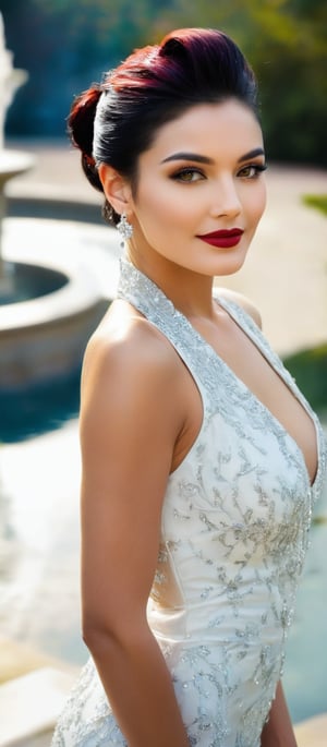 Generate hyper realistic image of a woman stands confidently in front of a large fountain. She is gazing at the viewer, smiling softly. Her outfit consists of a white sleeveless dress, patterned with black and yellow flowers. Her hair is styled into a sleek bob, and her lips are painted red, matching her deep red eyeshadow. She is standing in a seductive pose, her hair elegantly pulled back into a ponytail. She wears dangling earrings that add a touch of elegance. A few people are visible in the background.,hinaigirl