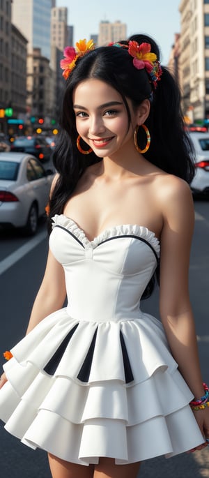 Generate hyper realistic image of a woman with long, black hair styled in voluminous waves. She has a colorful floral headband. Her hair is tied into two high ponytails. She is wearing a strapless white dress with a tiered skirt that gives a flowing and layered effect. The dress has black accents along the neckline and straps, adding a contrast to the bright white fabric. She is adorned with large, colorful hoop earrings and several rings on her fingers. Her expression is innocent, with wide eyes. Her gentle smile adds to her beauty. The background features a bustling city scene with cars and buildings.