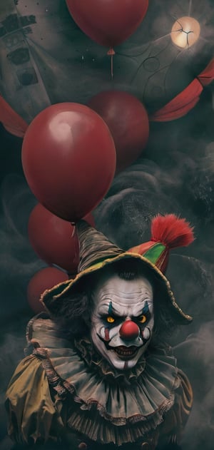 clown, painted face, sinister environment, smoke, night, terror, clown outfit, balloon in hand.,oni style