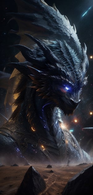 Create a photo realistic godly Dragon of galaxy  floating t. sharp focus, high detailed,emiting galactical blue light from within, Gigantic wing  horns on head.