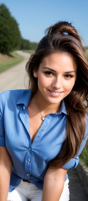 Generate hyper realistic image of a woman with long brown hair that cascades over her shoulders, gazing directly at the viewer with a friendly smile. The image is taken from a high-angle perspective, highlighting a medium-sized woman standing against a light blue scenery. She is wearing a blue button-down shirt, white ripped jeans, and a white necklace. Her hair is pulled back into a ponytail, giving a casual yet elegant look. The woman's expression is cheerful, her posture relaxed, as she faces the camera.