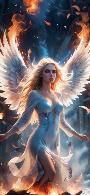  create a beautiful female angel falling down from the sky. sad expression,fire wings, wings wide open, snow white long hair, messy hair, wings made out of fire , hopeful expression,blue eyes, red lips, realistic, photo r3al,more detail XL,IMGFIX,AngelicStyle,fire element