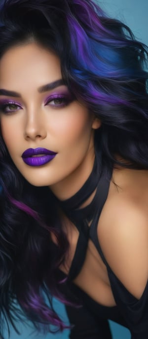 Generate hyper realistic image of a woman with long, wavy black hair streaked with vibrant purple hues, looking directly at the viewer with a smile. She has large breasts and in seductive pose. She wears a tight black t-shirt and a black choker necklace, which features a small black cross. Her eyes are a piercing blue, and her lips are painted a deep purple. Her hair cascades over her shoulders, framing her face. She is seated with her left arm resting on her hip and her right arm on the ground. The background is a light blue color with a rough texture,hinaigirl