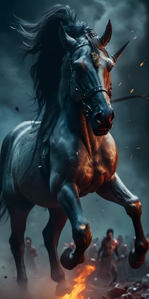 Create a Horse from hell running towards viewer, agressive, zombified,screeching, craving for human meat. up close, cloudy night, sharp focus, highly detailed,