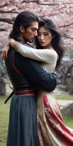 Generate hyper realistic image of a scene where a compassionate woman with gentle eyes and flowing hair hugs from behind a tired samurai. The worn-out warrior, adorned in traditional samurai attire, leans into the comforting embrace. The scene radiates a sense of solace and understanding, set against the backdrop of a serene cherry blossom garden.