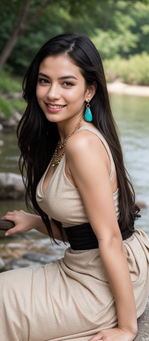 Generate hyper realistic image of a woman with long, flowing black hair that cascades down her back. Her hair is shiny and well-maintained. She has expressive eyes with a friendly and inviting look, enhanced by her natural makeup. She is wearing a beige dress with intricate details and embellishments. The dress has a low-cut neckline adorned with delicate trim and fringe, and it fits snugly around her waist before flowing out. She wears a striking turquoise necklace and matching earrings. She is seated by a serene riverside, her body slightly turned to the side. One hand rests on her knee while the other is gently touching the ground. Her expression is warm and approachable, with a bright smile that lights up her face.