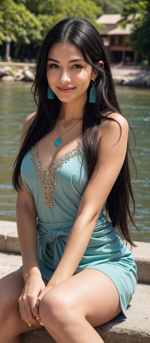 Generate hyper realistic image of a woman with long, flowing black hair that cascades down her back. Her hair is shiny and well-maintained. She has expressive eyes with a friendly and inviting look, enhanced by her natural makeup. She is wearing a beige dress with intricate details and embellishments. The dress has a low-cut neckline adorned with delicate trim and fringe, and it fits snugly around her waist before flowing out. She wears a striking turquoise necklace and matching earrings. She is seated by a serene riverside, her body slightly turned to the side. One hand rests on her knee while the other is gently touching the ground. Her expression is warm and approachable, with a bright smile that lights up her face.