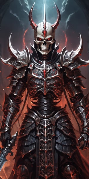  create a Skeleton god wearing blood armor. background of underworld.fierce looking, glowin red eyes, godly armor., sharp focus, high up close,detailed.,more detail XL