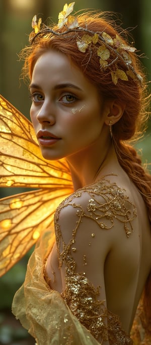 Generate hyper realistic image of a ethereal female fairy from a magical realm. The fairy has a petite, slender, and graceful body with smooth, glowing skin that appears to shimmer with golden glitter. The facial features are soft and innocent, with wide, expressive eyes that shimmer with curiosity and gentleness. Her face is adorned with golden glitter and delicate markings that highlight her cheeks. The most striking part of the fairy's appearance is her large, gossamer wings. These wings are transparent but adorned with gold and bronze tones, with intricate veins and delicate patterns. The fairy’s hair is a wild and wispy mix of gold and bronze, mimicking autumn leaves. Her hair is adorned with fine, leaf-like embellishments. She wears an elaborate crown made of delicate branches and roots, with small, glowing orbs woven into the design. She doesn’t wear conventional clothing; instead, her body is decorated with gold-like threads and shimmering dust that covers her skin in strategic places.