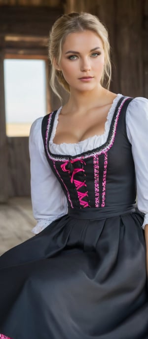 Generate hyper realistic image of a young woman sitting in a rustic, rural setting, a barn area. She is wearing a traditional dirndl dress. The dress is characterized by its tight-fitting bodice, a full skirt. The bodice is pink with a delicate floral pattern. It has lace-up detailing at the front, secured with silver eyelets. The neckline is low and square with white lace trim. The woman has a slim, toned physique. The dirndl dress highlights her hourglass figure, with the bodice cinching at the waist and the skirt flaring out slightly. Her hair is long, straight, and blonde, flowing over her shoulders.