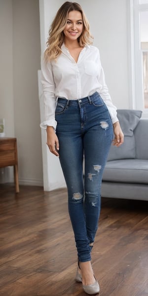 Generate hyper realistic image of a beautiful woman with long, blonde hair standing indoors on a wooden floor. She looks back at the viewer with a captivating smile, wearing a white shirt with long sleeves. The scene portrays her full body, adorned in denim jeans that accentuate her figure. This realistic depiction captures the charm of her multicolored hair and the casual elegance of the setting.